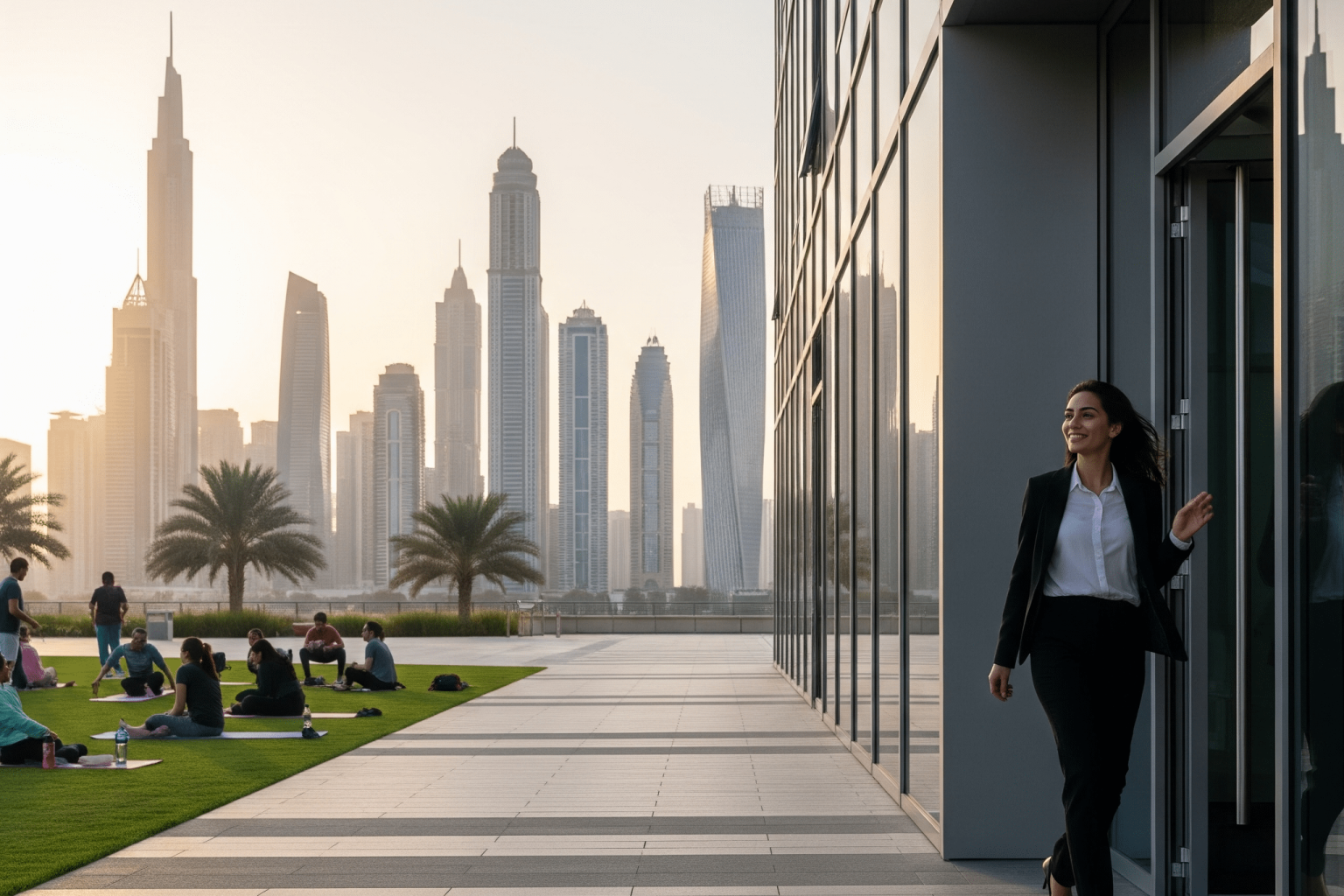 Dubai skyline at sunrise seen from a palm-lined promenade