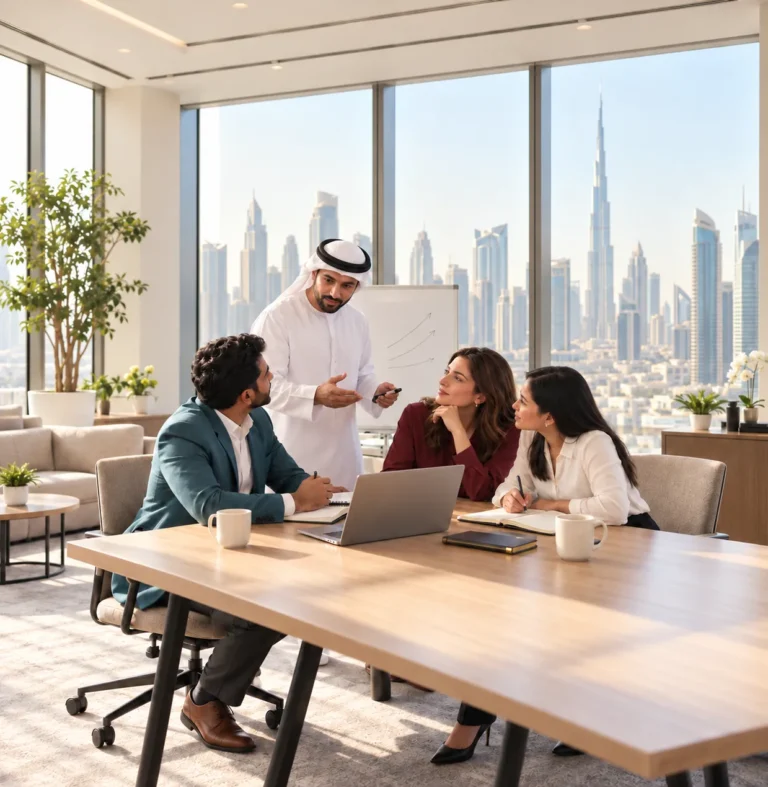 An Emirati facilitator leading a discussion with colleagues in a Dubai office overlooking the city skyline