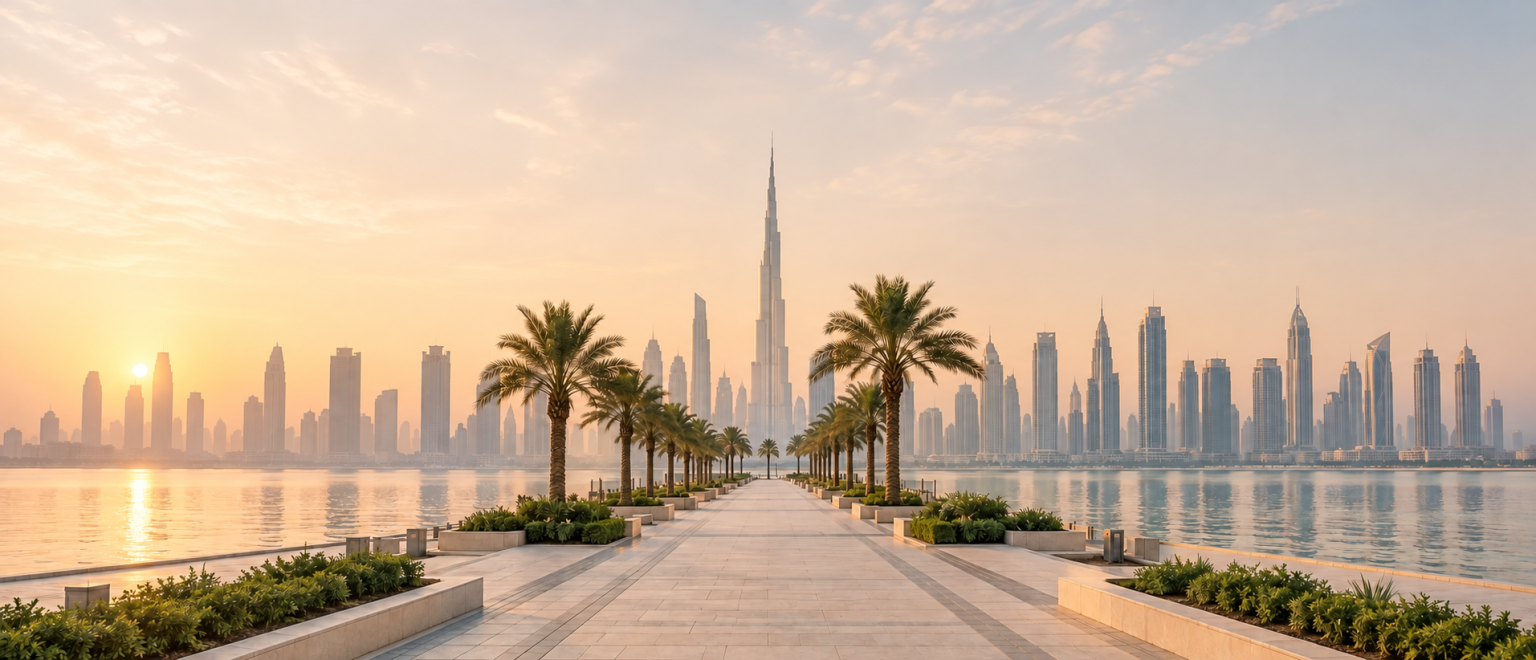 Burj Khalifa rising above a palm-lined promenade in Dubai