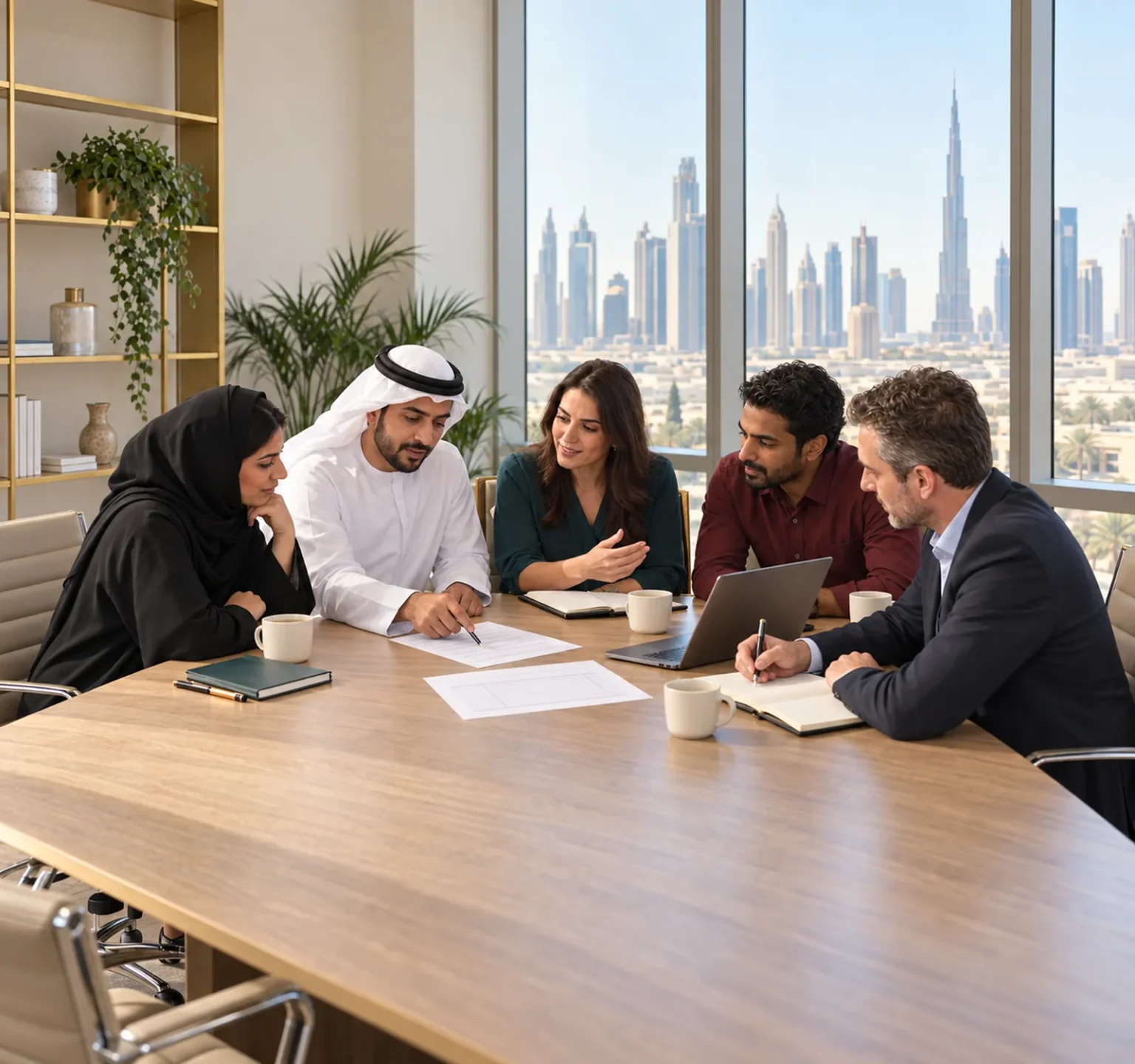 Emirati and expatriate colleagues in a training workshop in a Dubai office with the city skyline behind them